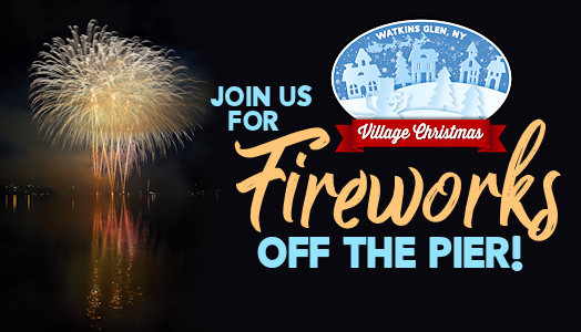 Promotional graphic for annual event Watkins Glen Village Christmas with exploding fireworks in the background